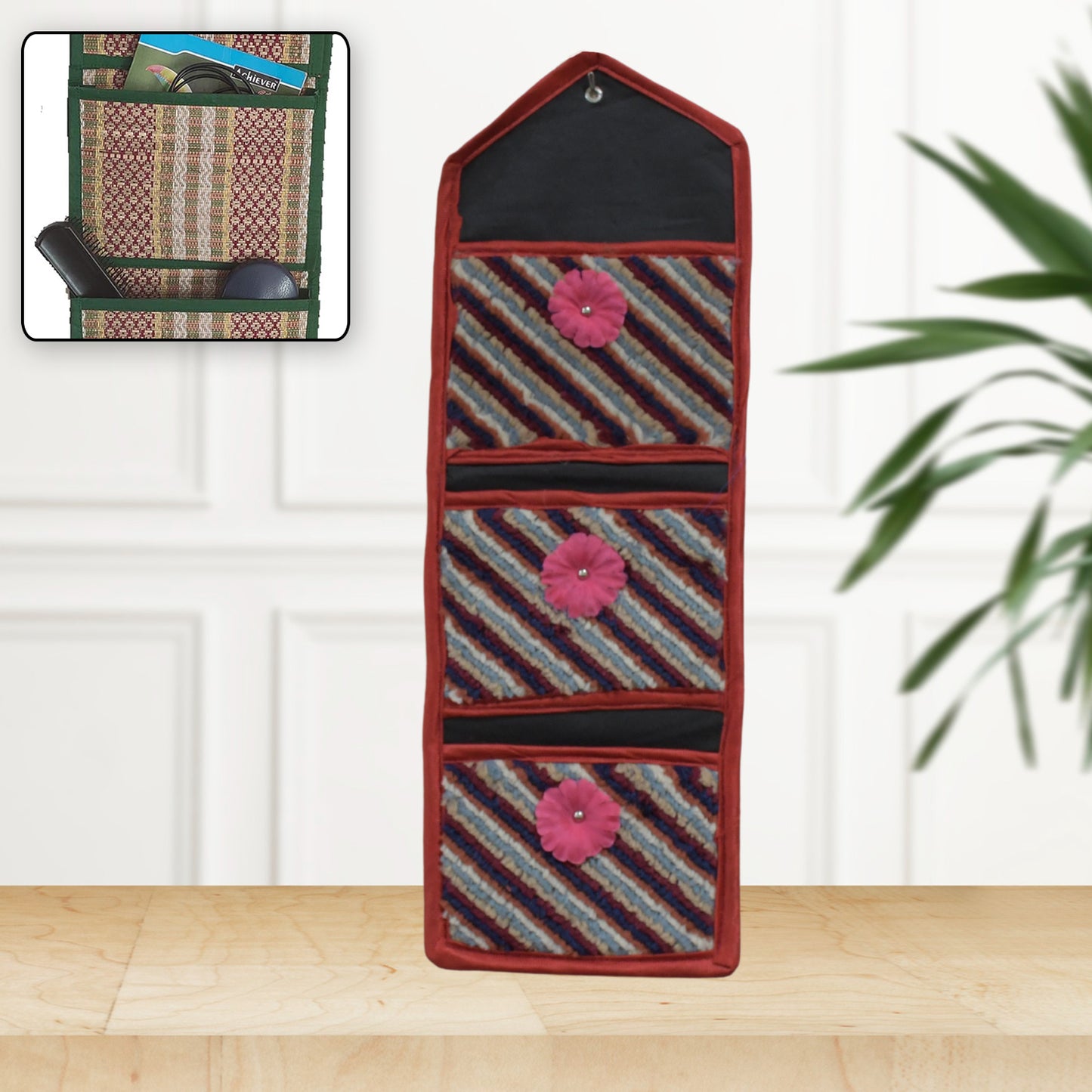 Wukusy 8867 foldable hanging organizer with three compartments for documents, magazines, and papers, wall-mounted home storage solution.