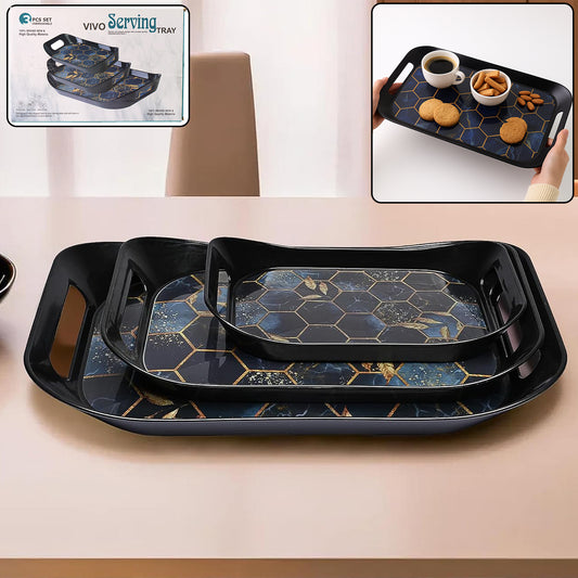 Three-piece Wukusy premium plastic serving tray set with smooth surfaces and raised edges for easy serving and carrying.