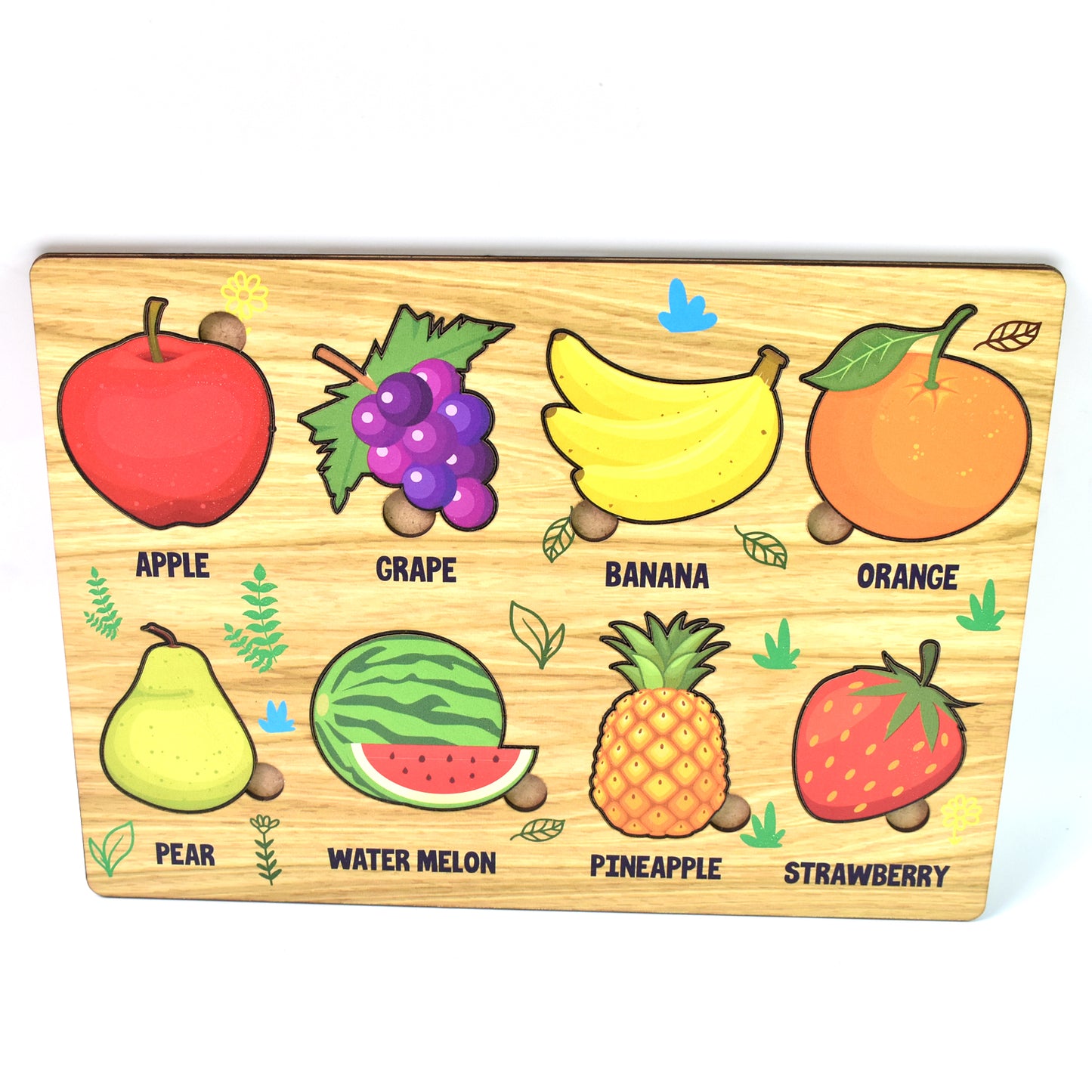 Wooden fruits puzzle learning educational toy set by Wukusy, featuring colorful fruit-shaped pieces for kids' educational play.
