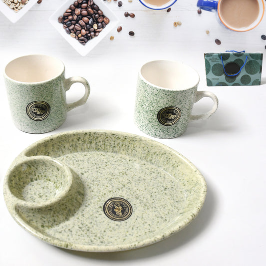 Wukusy 3-piece Alpino ceramic tea cups set with plastic serving platter, milk and coffee cups, BPA-free, food grade, ideal for home use.