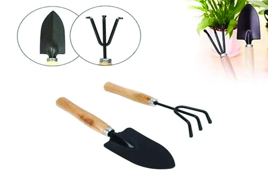 Set of three Wukusy small hand cultivator, trowel, and garden fork tools for gardening and soil cultivation.
