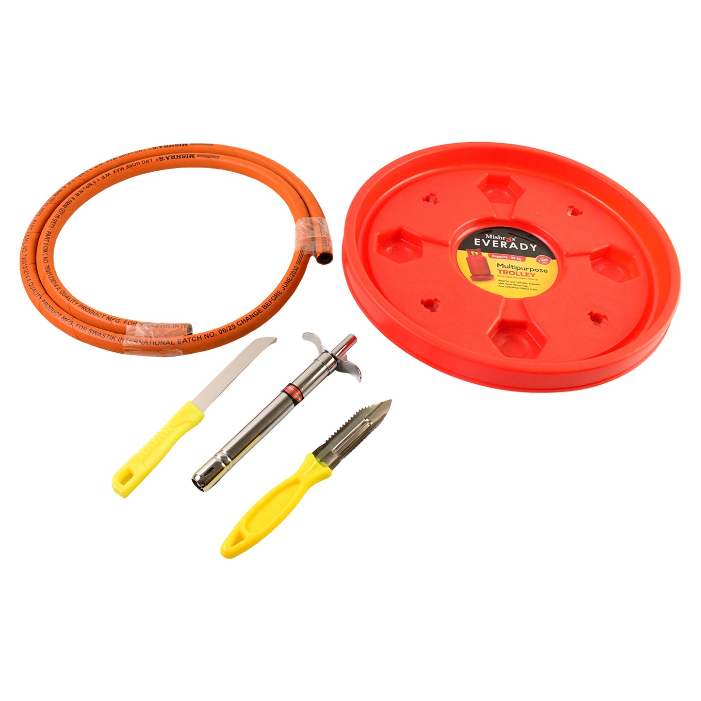 Wukusy Mishras 5-piece LPG kitchen combo set including gas pipe, cylinder trolley, knives, lighter, and peeler for home cooking.