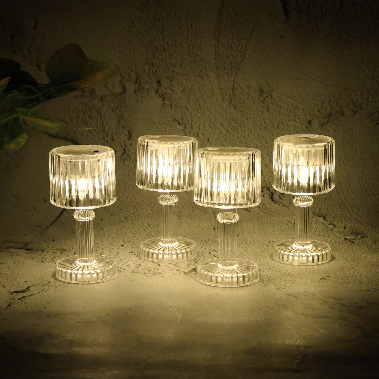 Set of 4 Wukusy LED crystal-effect table lamps for home decor, featuring elegant glass design and ambient lighting.