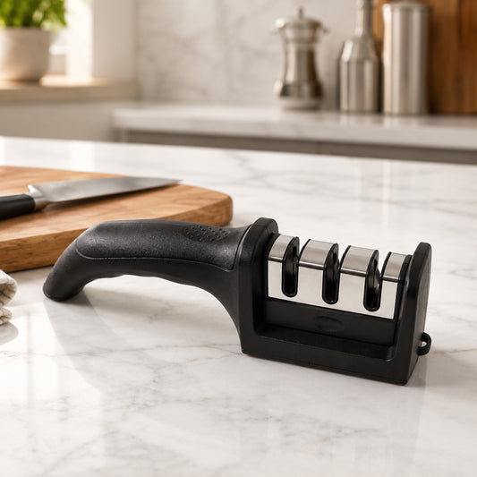Wukusy 3-stage manual knife sharpener for steel and ceramic knives, featuring ergonomic handle and multiple sharpening slots.