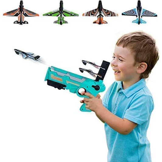 Wukusy 4710 airplane launcher gun toy with foam glider planes for outdoor kids' air battle game, includes 5 planes for children.