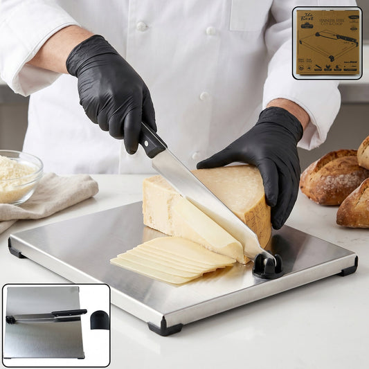 Wukusy stainless steel 2-in-1 cutting and chopping board with built-in knife, featuring a sleek design and versatile kitchen tool