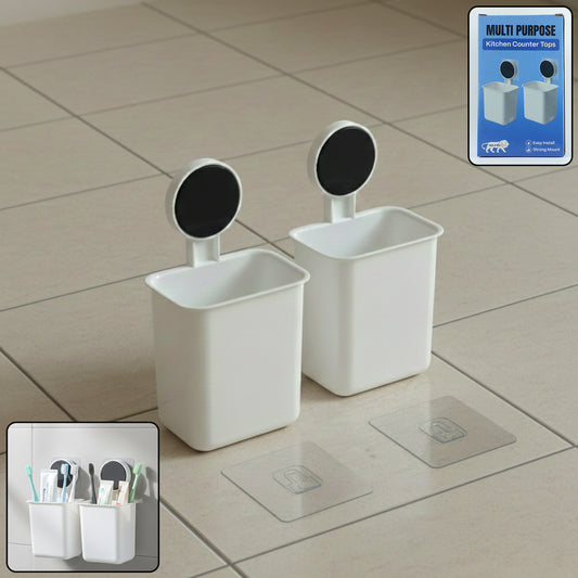 Two Wukusy wall-mounted plastic toothbrush holders with adhesive mounts for easy installation, perfect for bathroom organization.