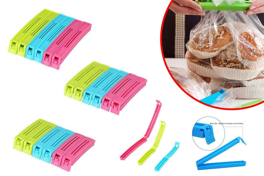 Colorful Wukusy 105-piece plastic snack bag clip sealer set for sealing and organizing food bags in home and kitchen.