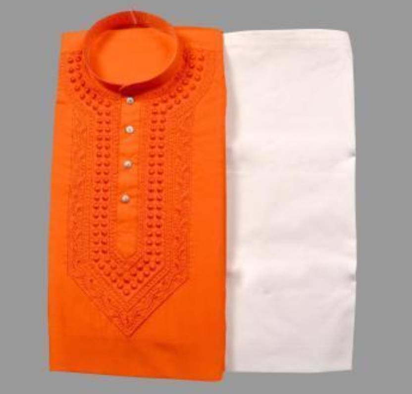 Orange and white cotton embroidered men's kurta with matching pyjama set, traditional Indian men's clothing.