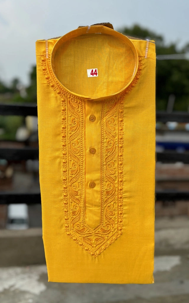 Yellow cotton embroidered men's kurta from 11133, featuring traditional embroidery and comfortable fit.