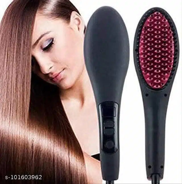 Black plastic electric hair straightener brush by 11853, showing the sleek design and bristle layout for smooth styling.