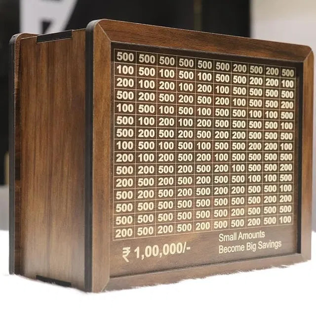 Brown Savings Challenge Money Bank, a ceramic coin bank with a slot for saving money, designed for financial goals.