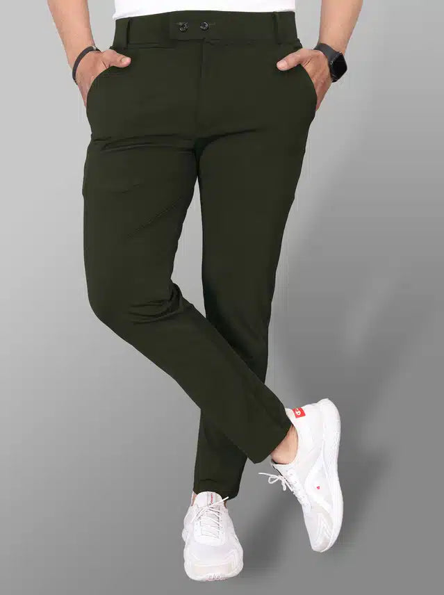 Bottle green Lycra blend men's trousers, size 32, stylish and comfortable men's trousers with a modern fit.