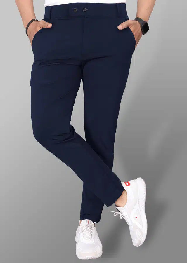Navy blue Lycra blend men's trousers in size 28, tailored fit with smooth fabric and classic style.