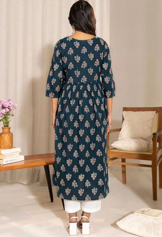 Teal floral printed maternity kurta for women with notch neck and A-line fit, stylish and comfortable for everyday wear.