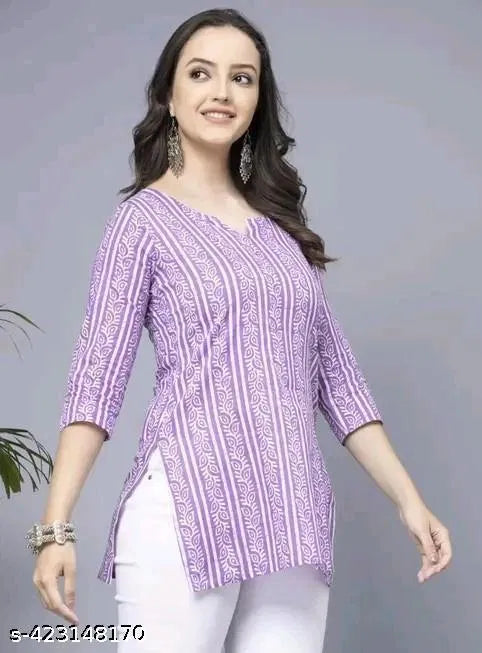Lavender short kurti for women, stylish pure cotton kurti from 13374, featuring a comfortable design and elegant look.