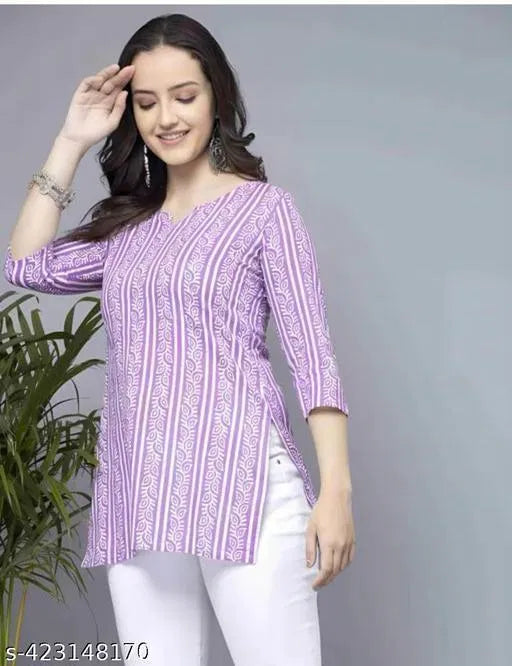 Lavender short kurti for women, stylish pure cotton kurti from 13374, casual ethnic wear with a comfortable fit.