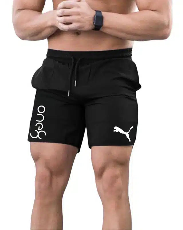 Black Lycra printed men's shorts by 13455, showing a close-up of the comfortable, stretchable fabric and stylish design.