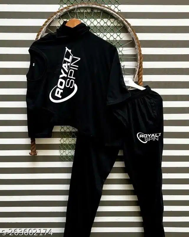 Black men's half sleeves T-shirt and track pant set by 13455, casual top and bottom outfit for comfortable everyday wear.