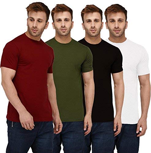 Pack of 4 multicolor men's printed round neck T-shirts from 1394, showing various colorful designs and casual fit.