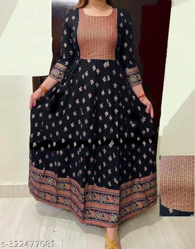 Black and peach printed Anarkali rayon kurti for women, showcasing intricate patterns and a traditional design.