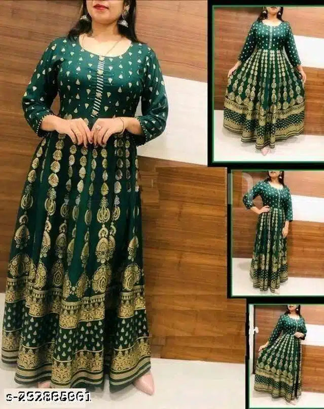 Bottle green and gold printed Anarkali rayon kurti for women, showcasing intricate patterns and elegant design.