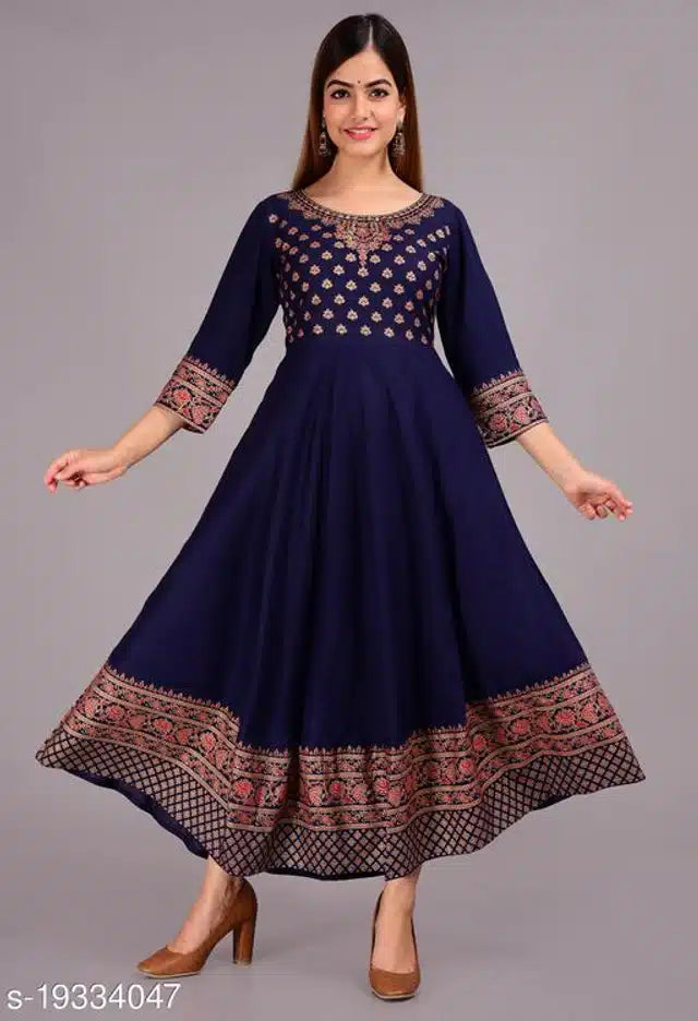 Blue rayon printed Anarkali Kurti for women, size small, featuring traditional design and intricate patterns.