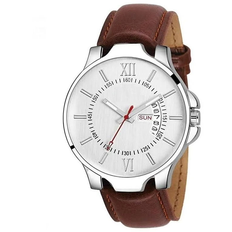 Men's analog watch by 14358 with a classic round dial, silver case, and leather strap, showcasing a stylish timepiece for men.