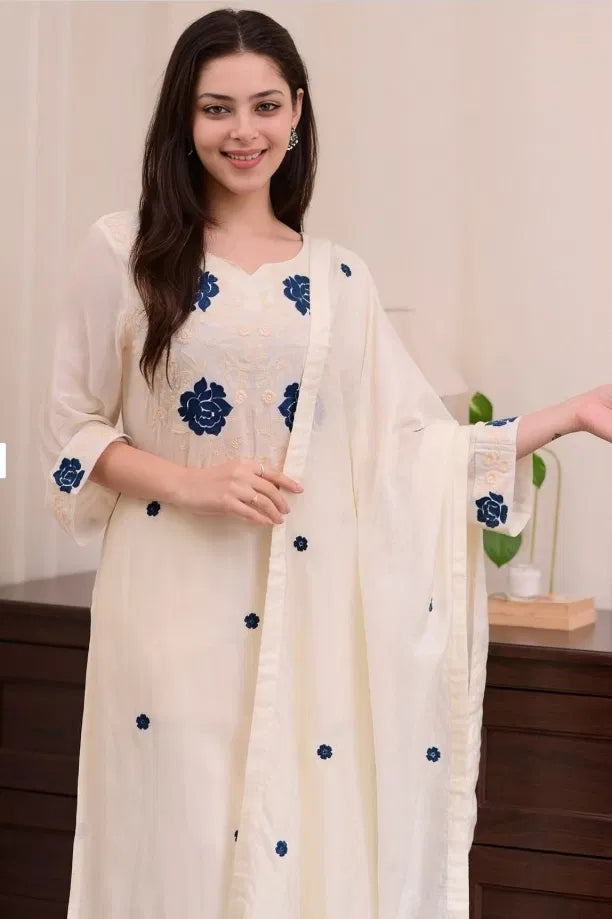 White women's kurta set with dupatta and bottomwear, featuring a traditional design and comfortable fit from brand 15801.