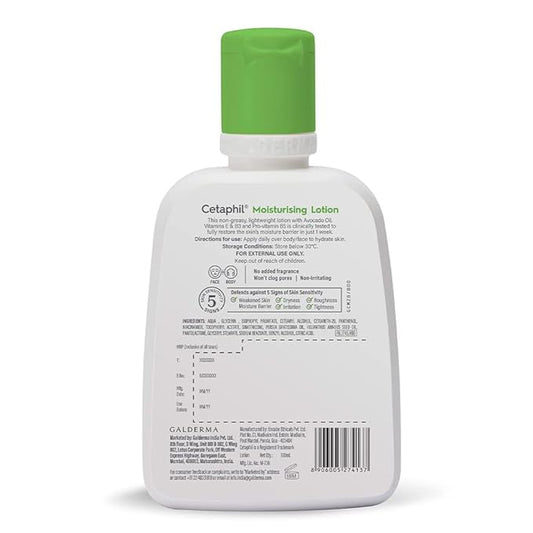 Bottle of Cetaphil Moisturizing Lotion for normal to combination sensitive skin, with a white pump and clean label.