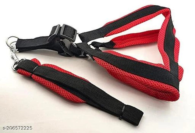 Black and red fabric dog body harness with 0.5-inch straps, designed for medium-sized pets.