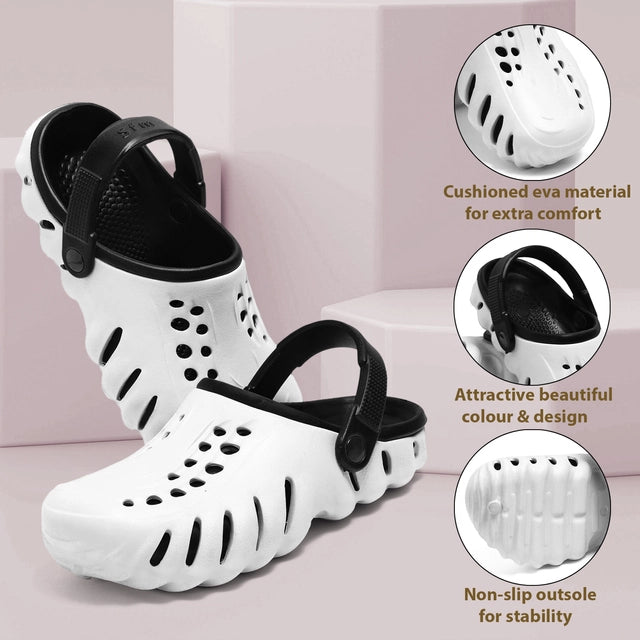 Black and white men's clogs by 16069, casual slip-on footwear for men, featuring comfortable design and durable construction.