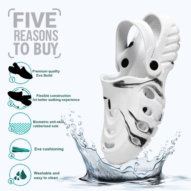 Men's white and black clogs by 16069, casual slip-on footwear for comfortable everyday wear, shown in a side view.