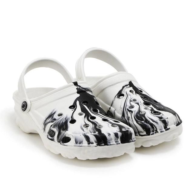 Men's white and black clogs by 16069, casual slip-on footwear with open back and comfortable design for everyday wear.