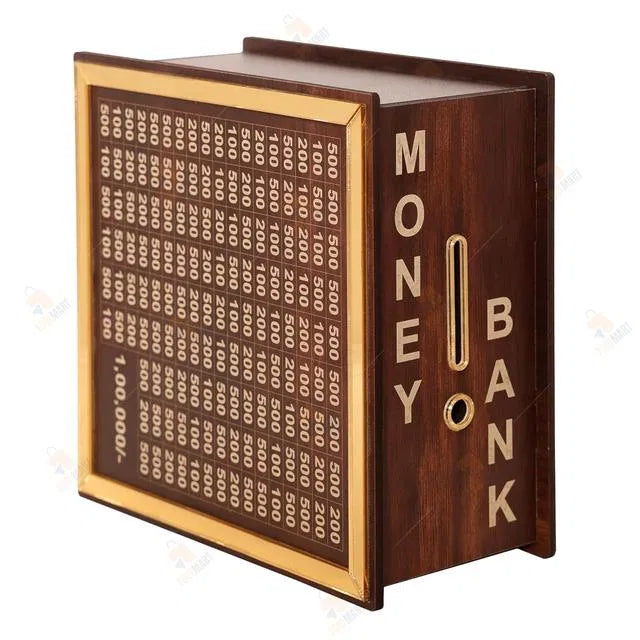 Wooden piggy bank from 16079, a classic money bank made of wood with a coin slot on top and a cute pig design.