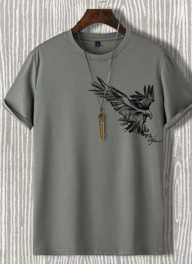 Grey men's round neck printed T-shirt by 1634, casual fit, soft fabric, featuring a graphic design on the front.