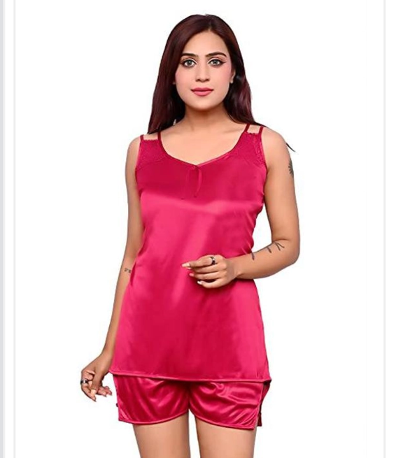 Pink satin nightdress set for women, size M, featuring a comfortable and elegant satin nightdress with matching accessories.