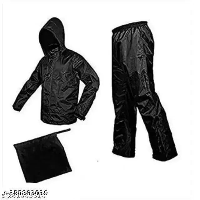 Black polyester rain coat for men, free size, lightweight waterproof rain jacket from 16824, shown on a hanger.