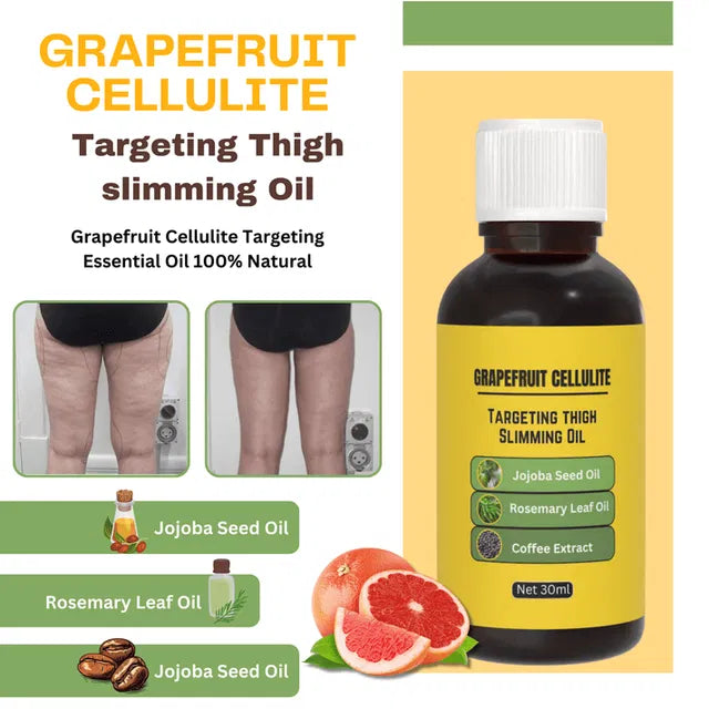 Grapefruit cellulite targeting thigh slimming oil by 1690, a nutrition immunity product in a 1-pack, shown in a clear bottle.
