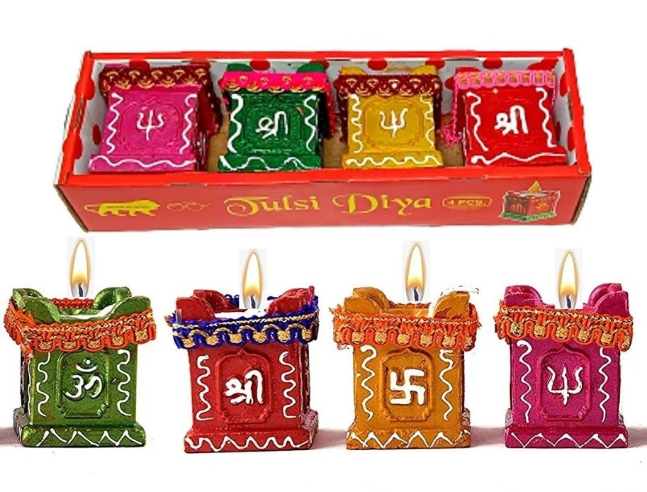 Set of 4 colorful hand-painted terracotta Diyas with intricate designs, perfect for Diwali and festival home decoration.