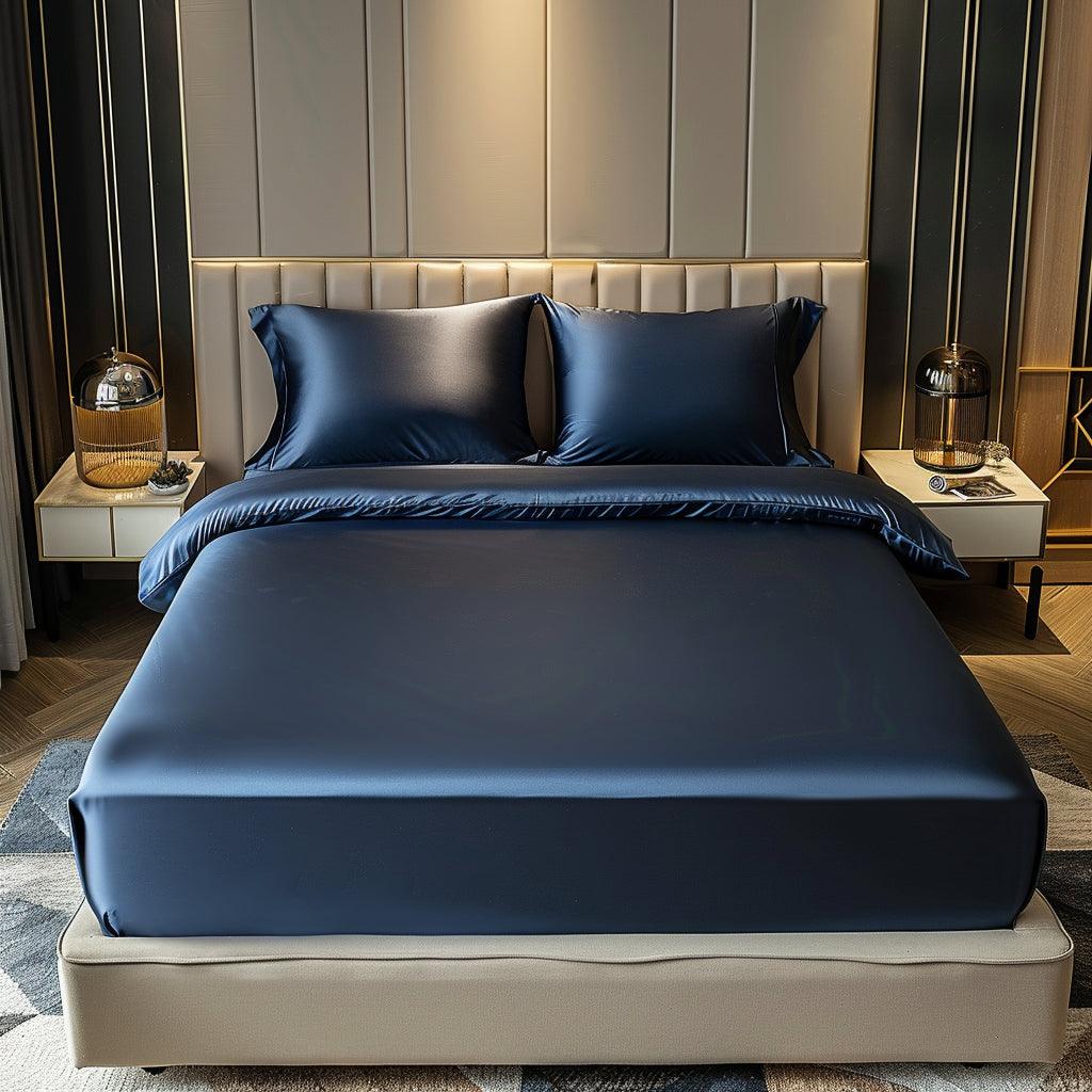 Blue satin fitted bedsheet set with two pillow covers, premium elastic edges for a snug fit, by 18214.