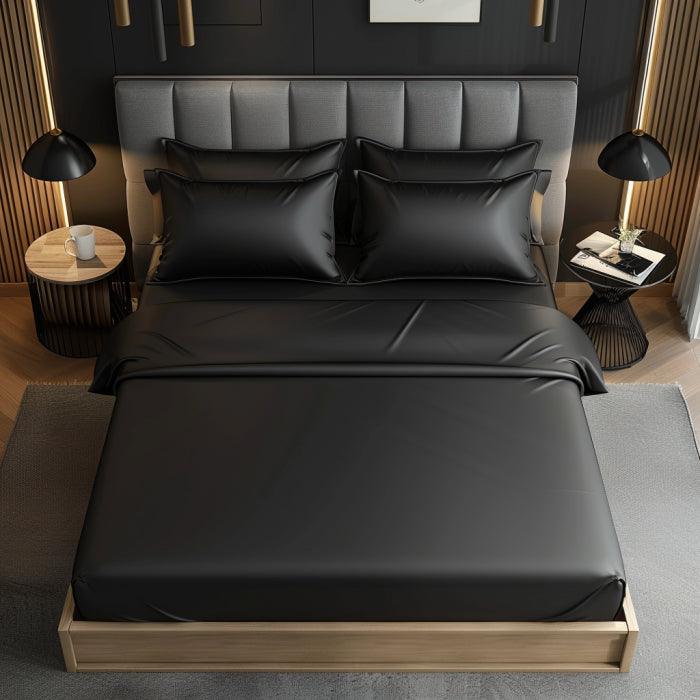 Black premium satin fitted bedsheet with elastic edges and 2 matching pillow covers, 18214 brand, smooth and luxurious fabric.