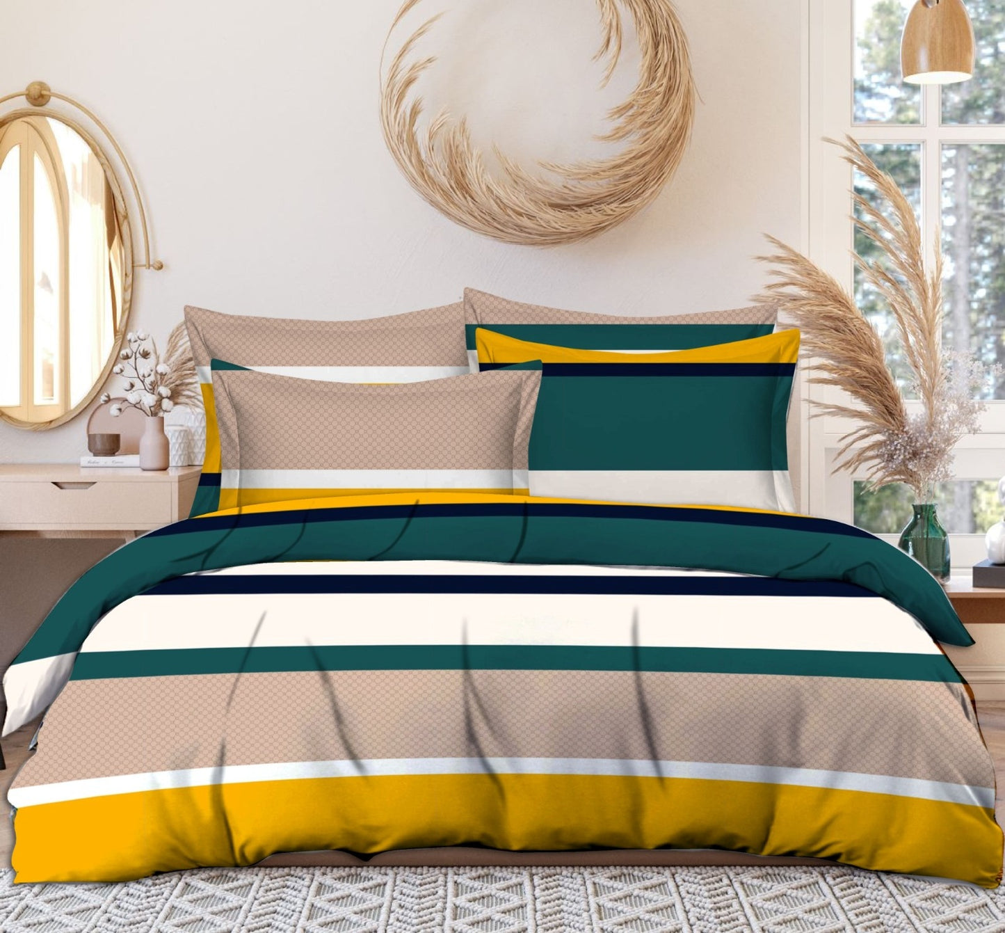 Multicolour cotton elastic king bedsheet with 2 pillow covers, 160 TC, from brand 18214, shown with vibrant pattern and smooth fabric