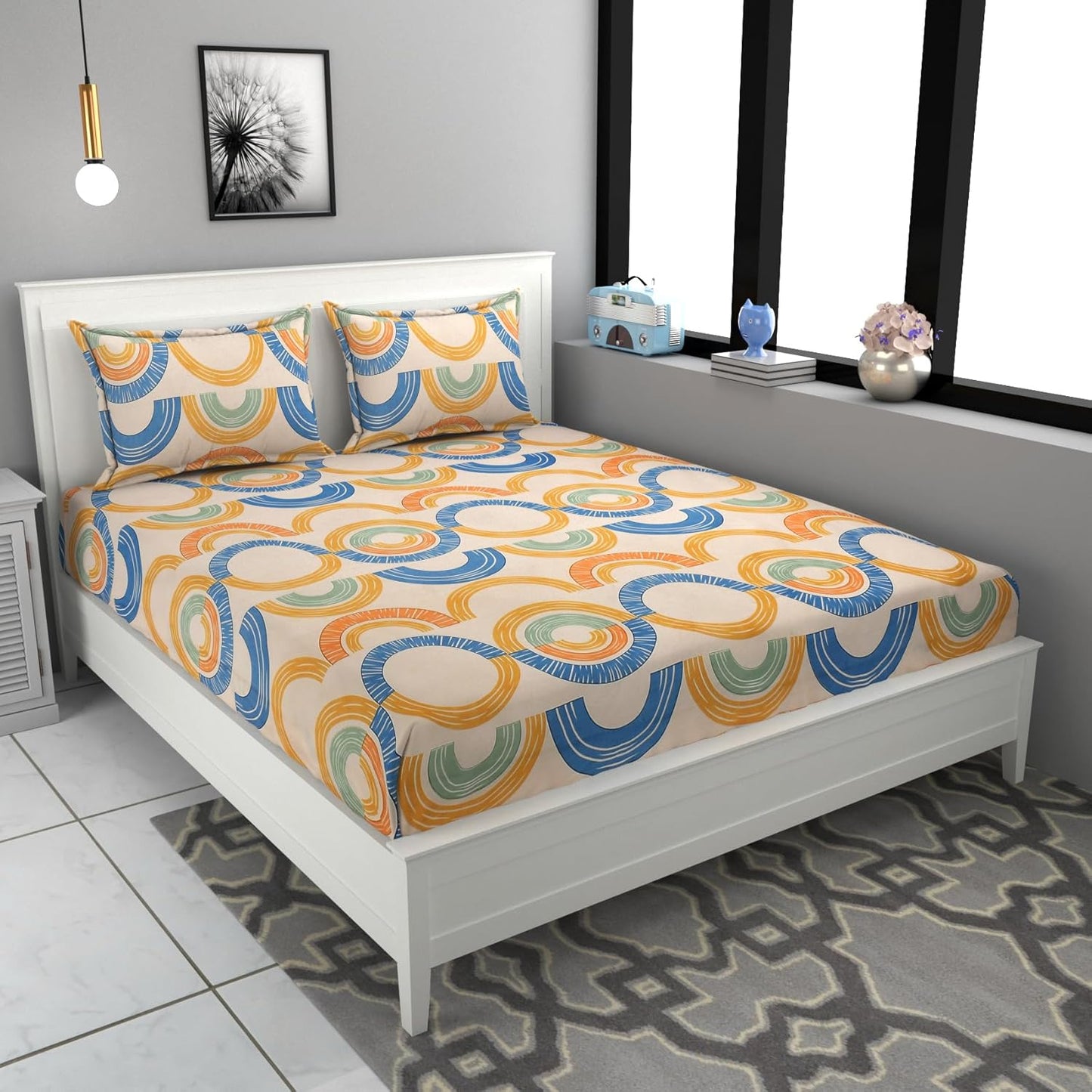 Orange and blue cotton king bedsheet with elastic edges and two pillow covers, 160 TC, from brand 18214.