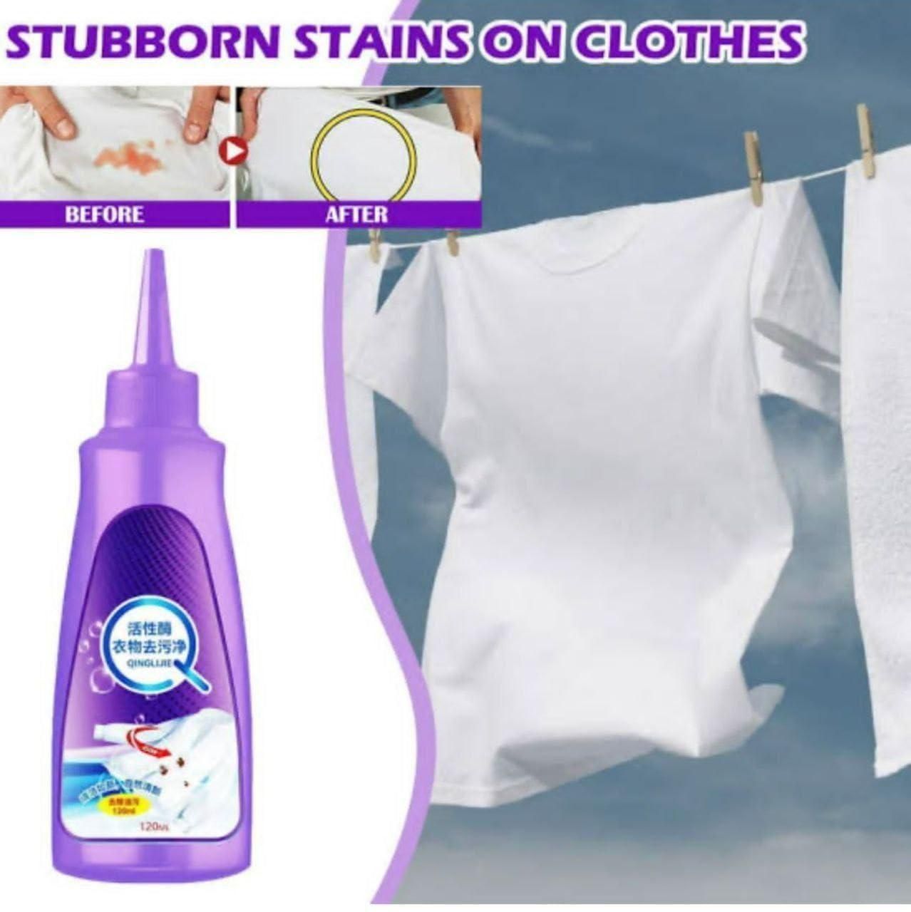 Liquid fabric stain remover detergent by 18052, showing a clear container of stain removal solution with a white cap.