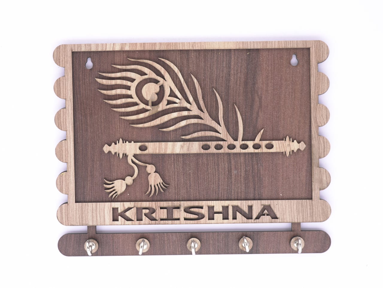 Decorative Krishna wooden keyholder with carved details, ideal for organizing keys and adding spiritual charm to your space.
