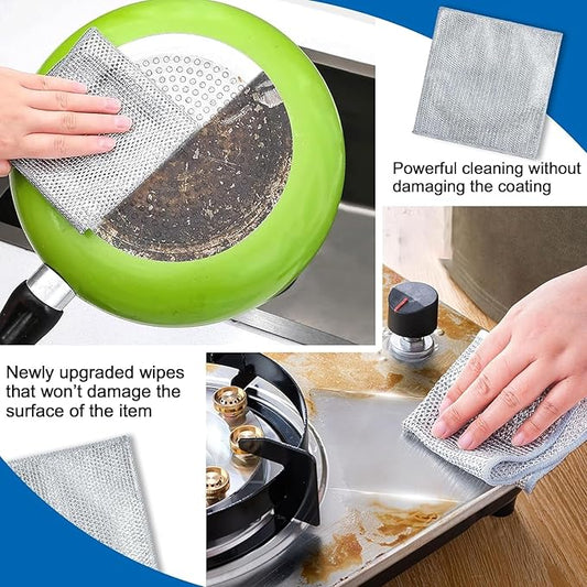 Pack of 10 stainless steel wire dishwashing rags for scrubbing dishes, sinks, and counters, washable and non-scratch.