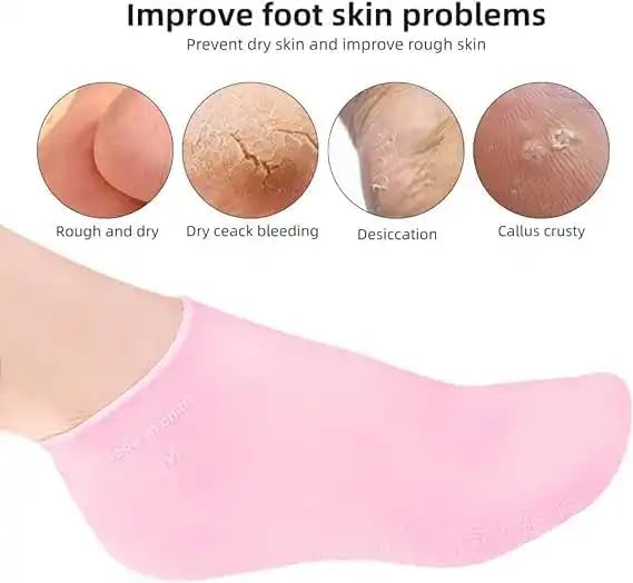 Pink moisturizing silicone spa gel socks for women and men, featuring vitamin E for dry, cracked heels and callus removal.