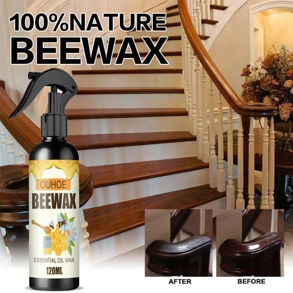 Brown beeswax furniture polish spray by 18277, natural wood shine and cleaner for wooden furniture in a 120 ml spray bottle.