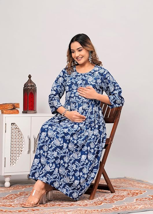Grey and blue printed Anarkali poly crepe kurti for women, featuring traditional design and comfortable fit.